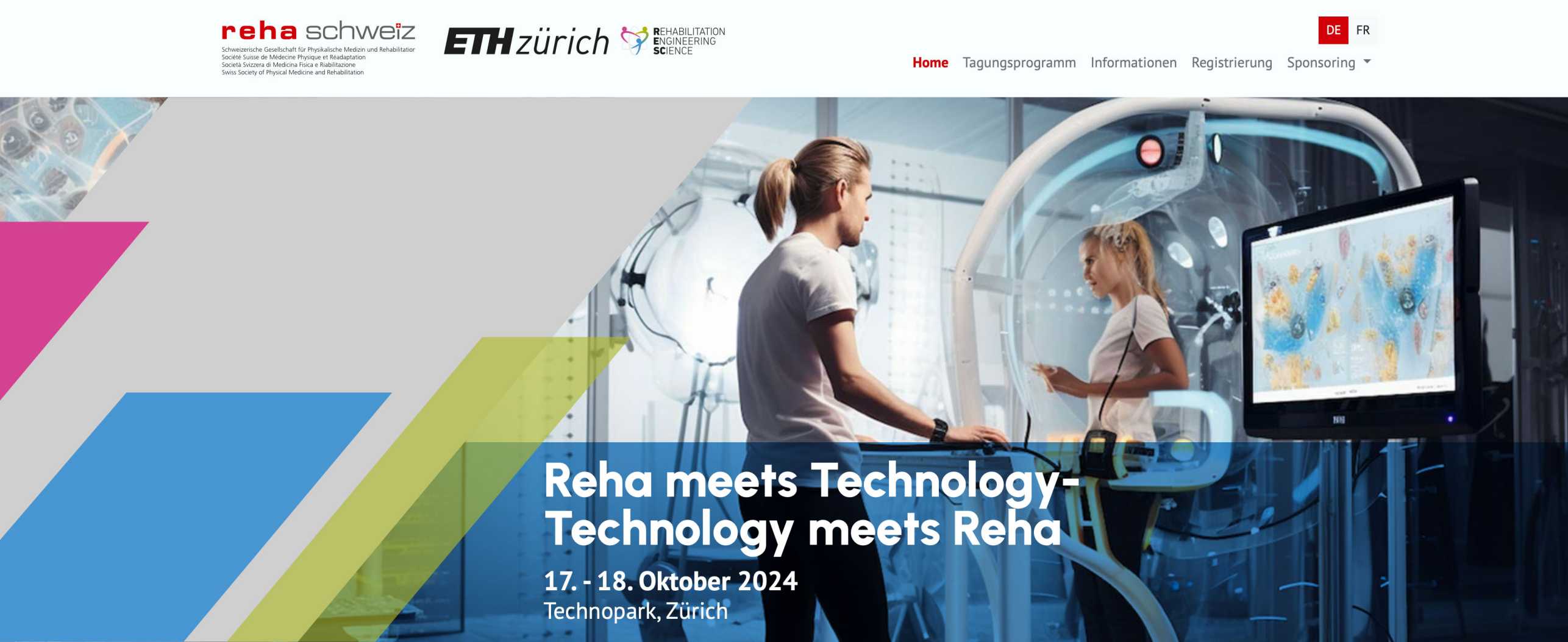 Enlarged view: Visual announcing the REHA Congress shows 2 people on fitness devices Text: Reha meets Technology- Technology meets Reha