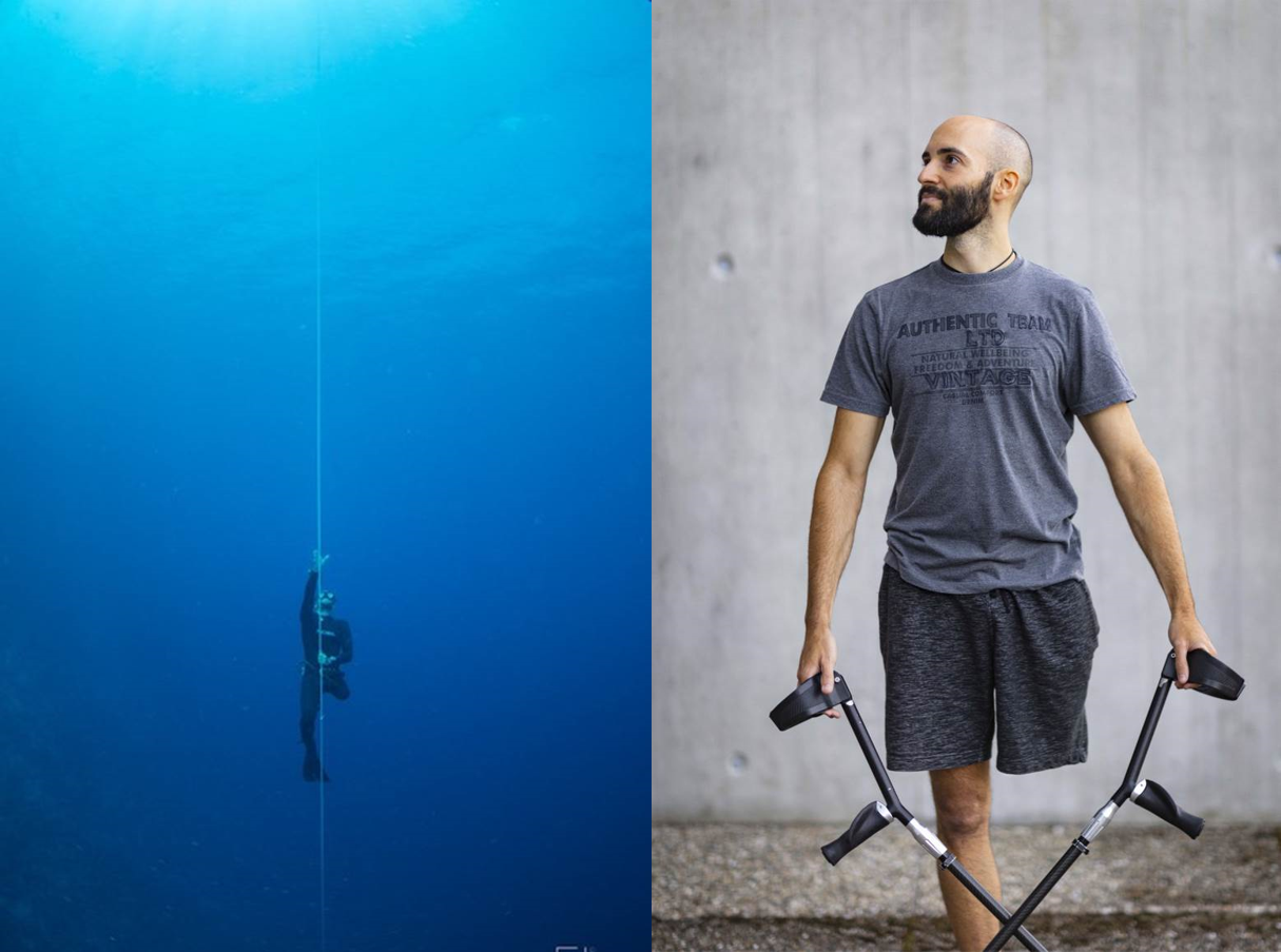 Enlarged view: Composition: Michelangelo Gautschi on the left deep-sea diving and on the right standing on one leg with crutches in his hand