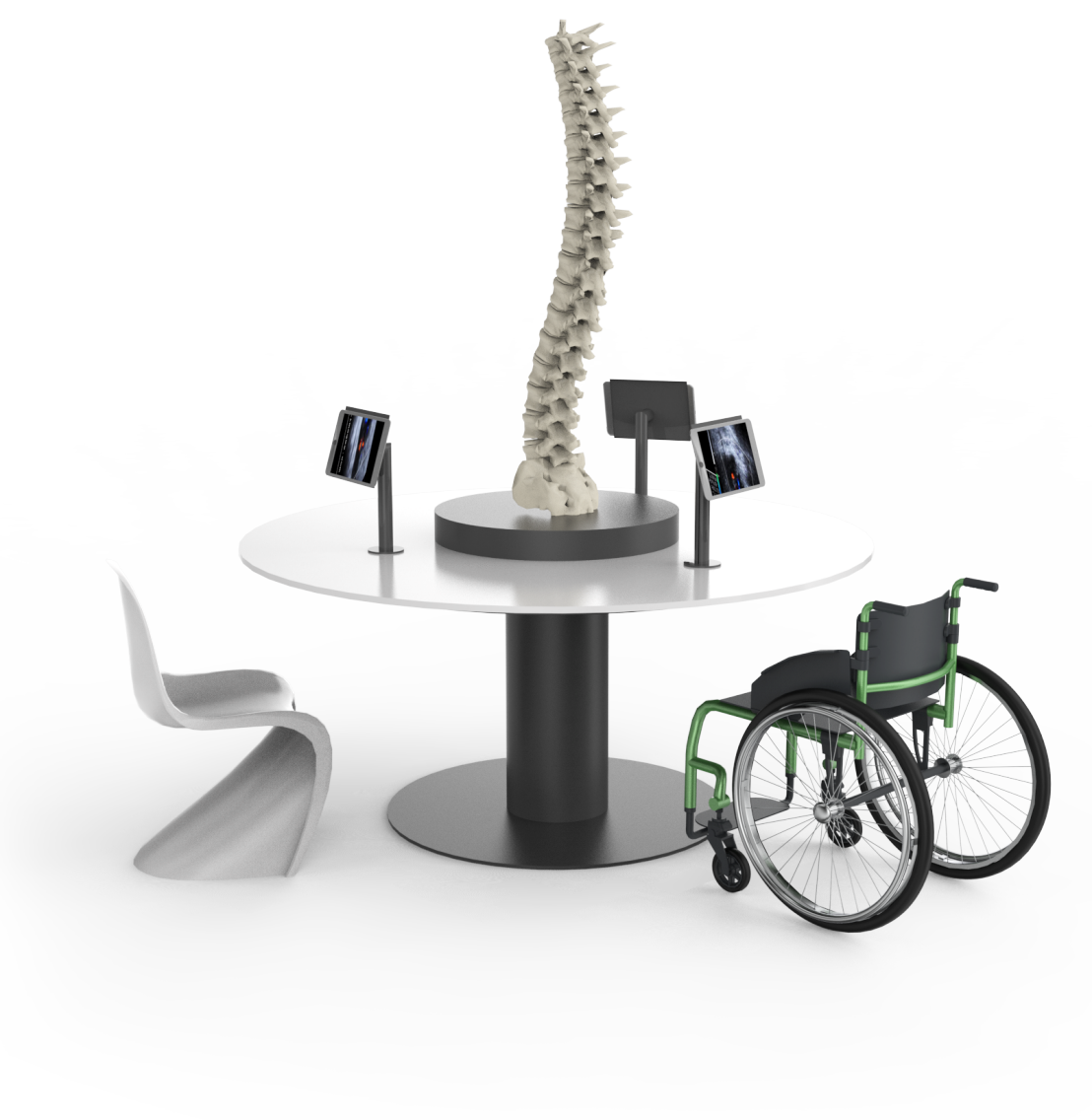 Enlarged view: Table with a spine model on it, a wheelchair at the side and a person looking at the scene