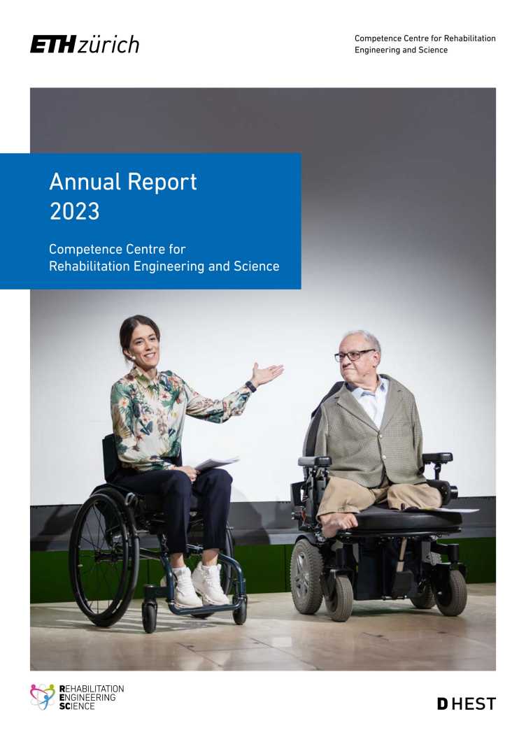 Enlarged view: Cover picture of the RESC Annual Report 2023 shows an encounter between a presenter and a person in a wheelchair. The presenter has also sat down in a wheelchair