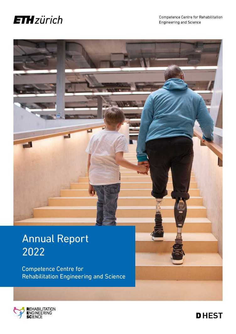 Enlarged view: Cover picture of the RESC Annual Report 2022 shows a man with two prosthetic legs walking up a flight of stairs with a child by his hand